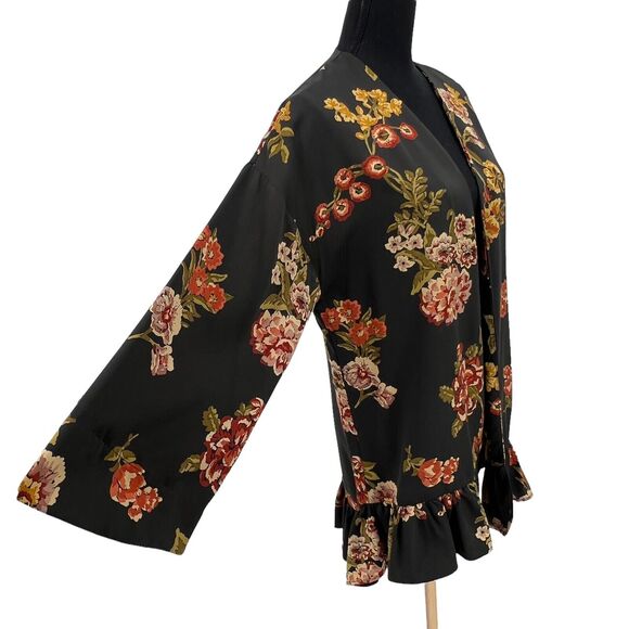 Zara Basic Floral Print Ruffle Hemline Tencel Long Sleeve Kimono M-L - Picture 7 of 10